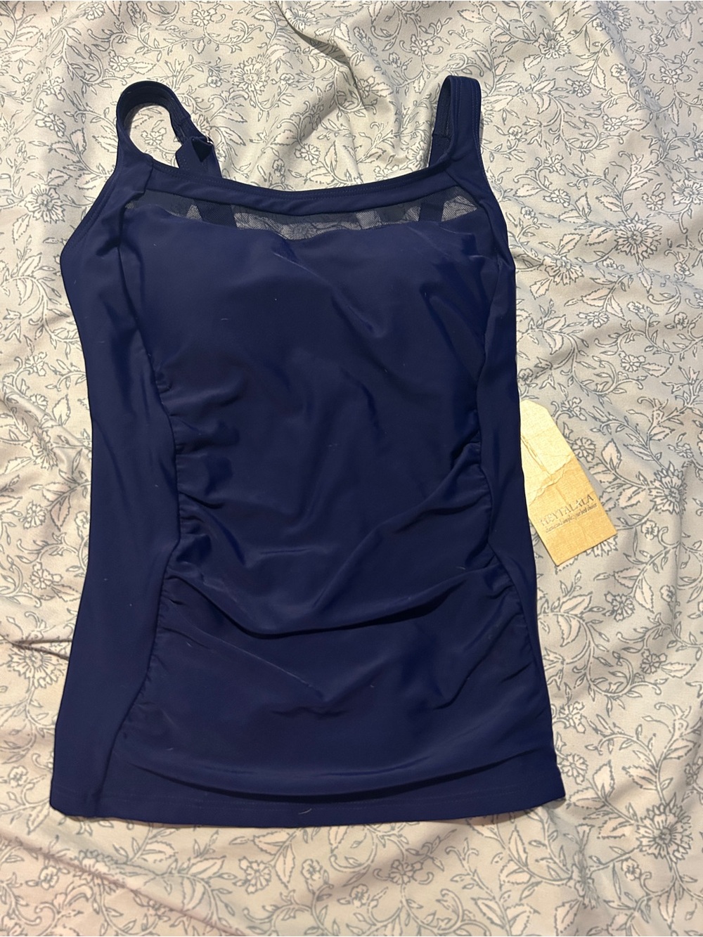 Navy Blue Women's Tankini Top with Mesh Accent